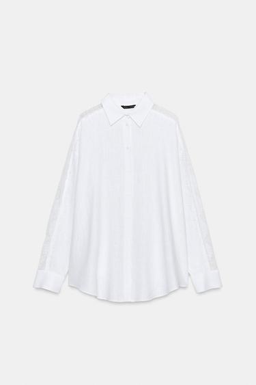 Zara OVERSIZED LINEN BLEND LACE SHIRT - White