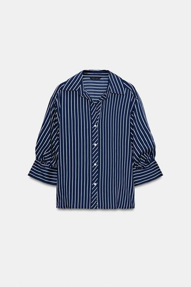 Zara STRIPED BALLOON SLEEVE SHIRT - Navy / White
