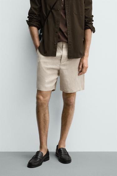 Zara REGULAR FIT 100% LINEN SHORTS - Light beige