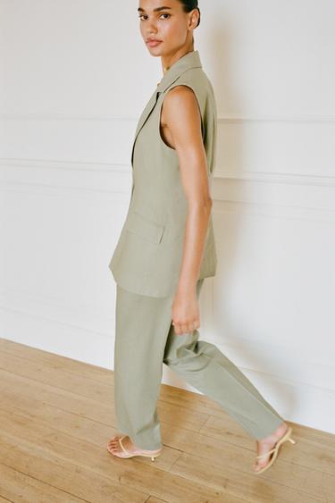 Zara STRAIGHT LEG LINEN PANTS - Light khaki