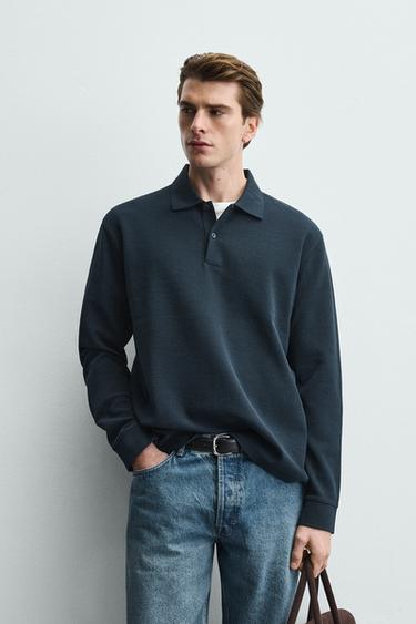 חולצת פולו עם טקסטורה ופסים - כחול־ים של Zara