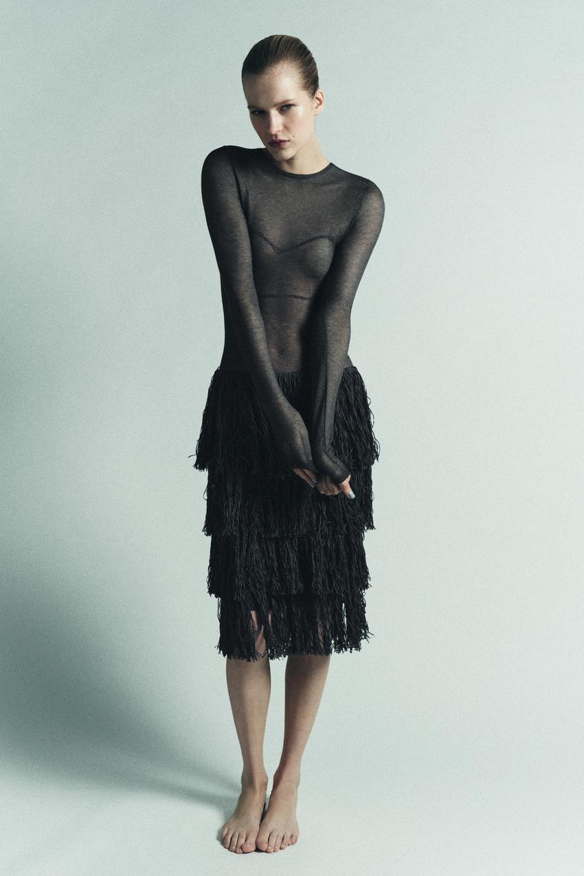 Zara - Metallic Thread Fringed Knit Dress - Blue / Gray - S - Woman Zara - Metallic Thread Fringed Knit Dress - Blue / Gray - S - Woman