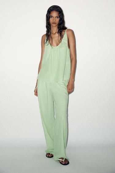 PANTALÓN PALAZZO RAYAS - Verde/Blanco de Zara - Imagen 0