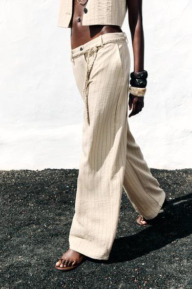 PANTALON RAYÉ CEINTURE TRESSÉE - Sable de Zara - Image 3