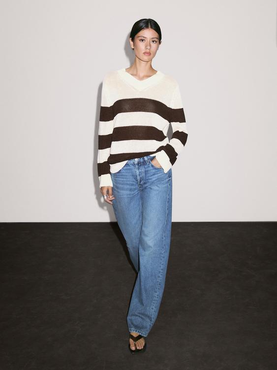 Striped cotton blend knit sweater