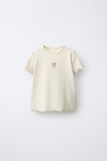 Zara EMBROIDERED RABBIT RIBBED T-SHIRT - Ecru