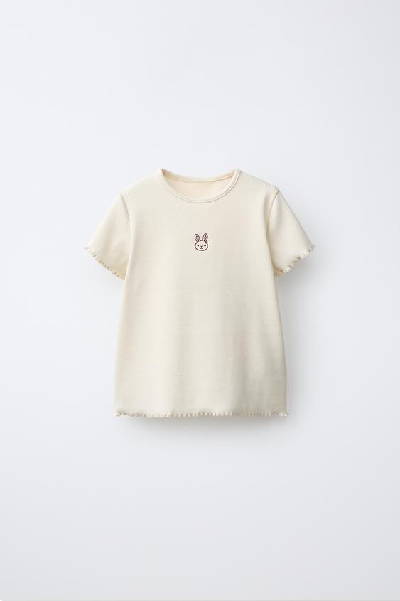 RIBBED RABBIT EMBROIDERY T-SHIRT - Ecru by Zara - Image 0