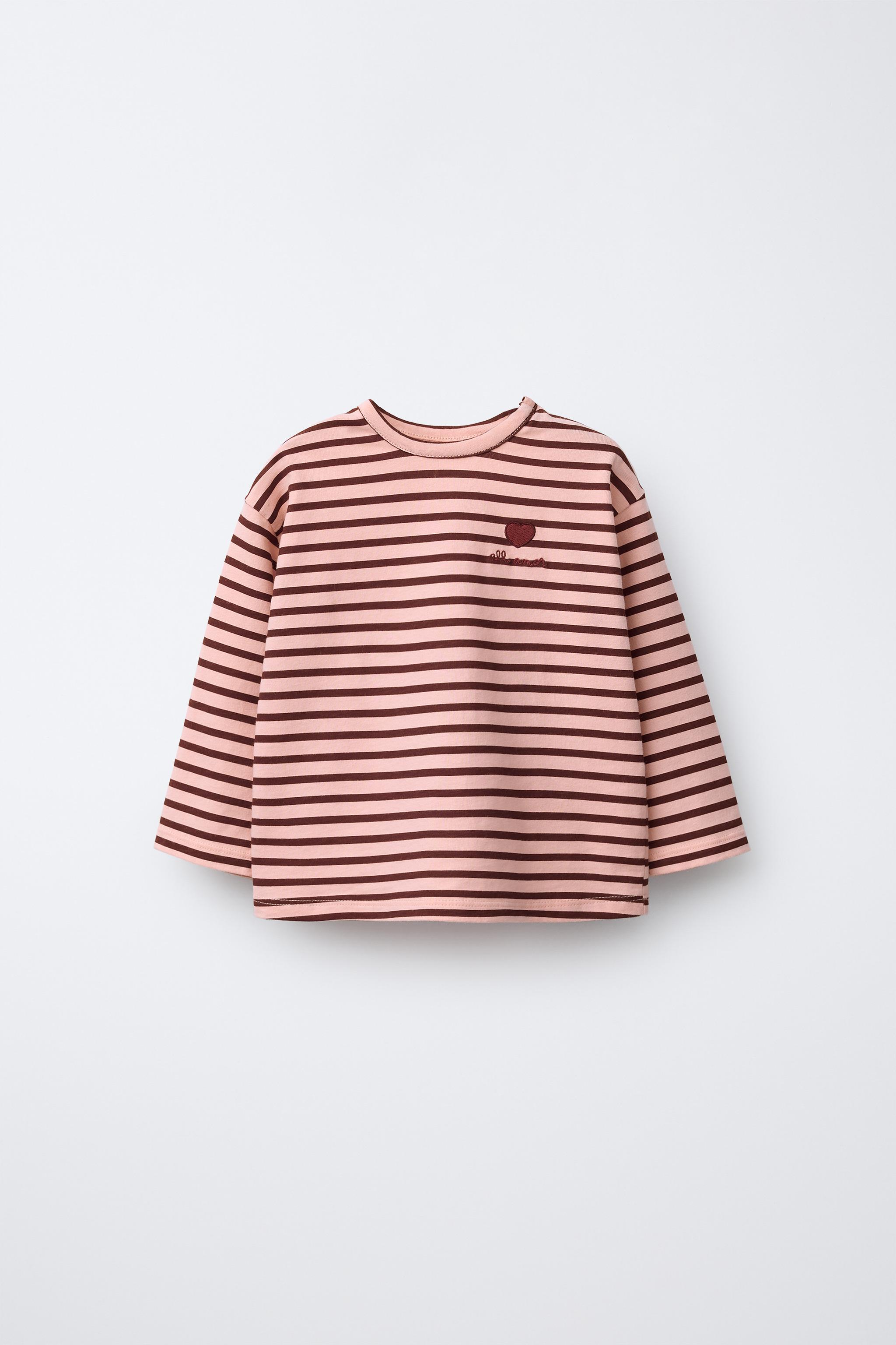 STRIPED T-SHIRT WITH HEART EMBROIDERY - Pink | ZARA Spain