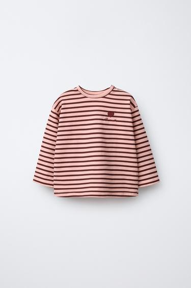 STRIPED T-SHIRT WITH HEART EMBROIDERY - Pink by Zara