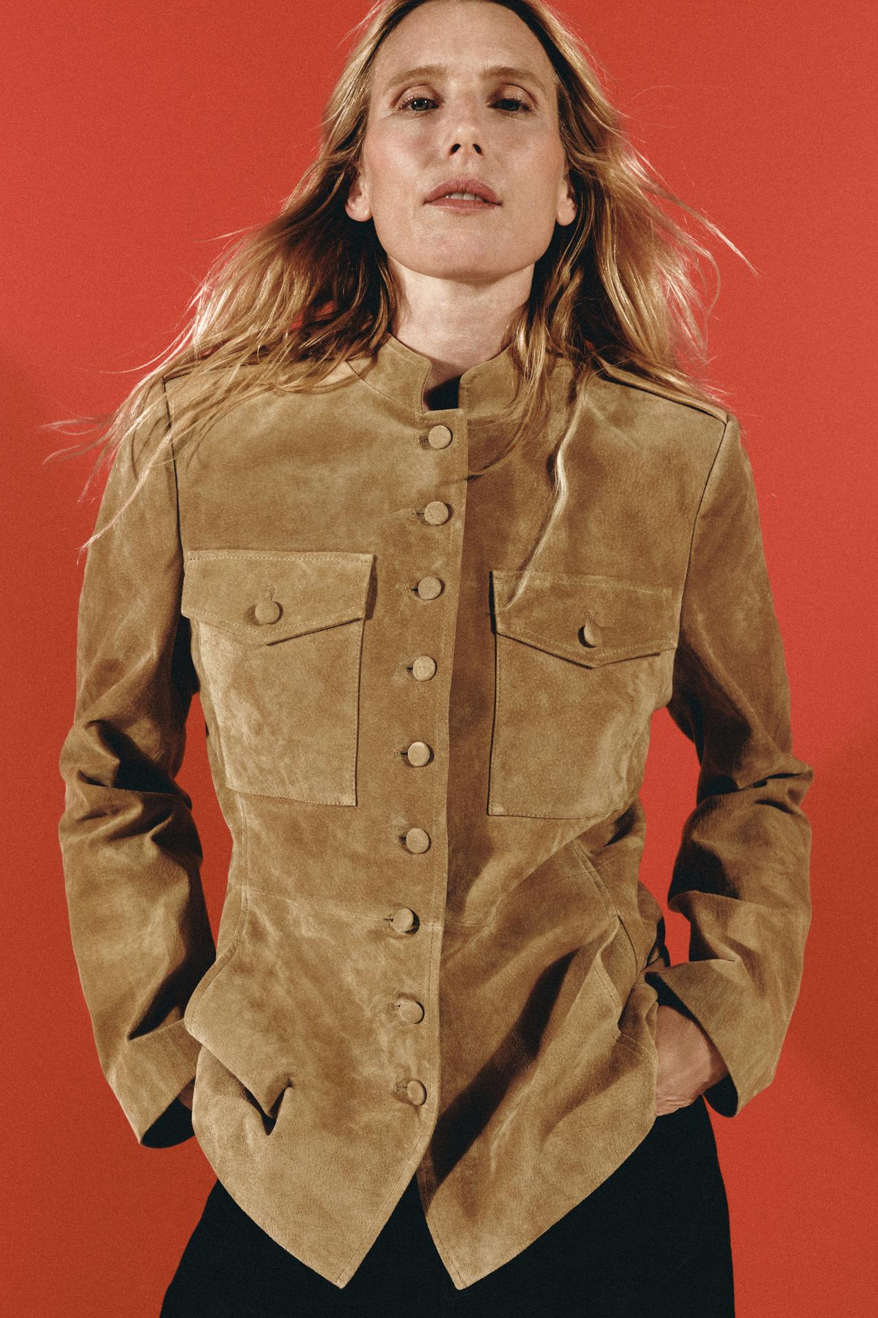 100% LEATHER JACKET WITH COVERED BUTTONS — taupe brown
