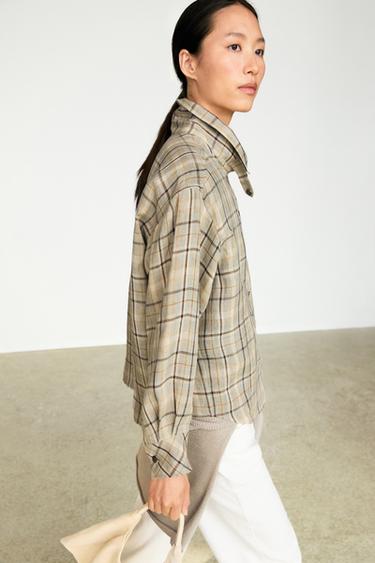 Zara 100% linen check shirt with snap buttons - Light blue