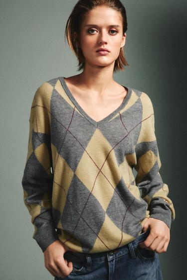 100% WOOL DIAMOND JUMPER - Grey green by Zara