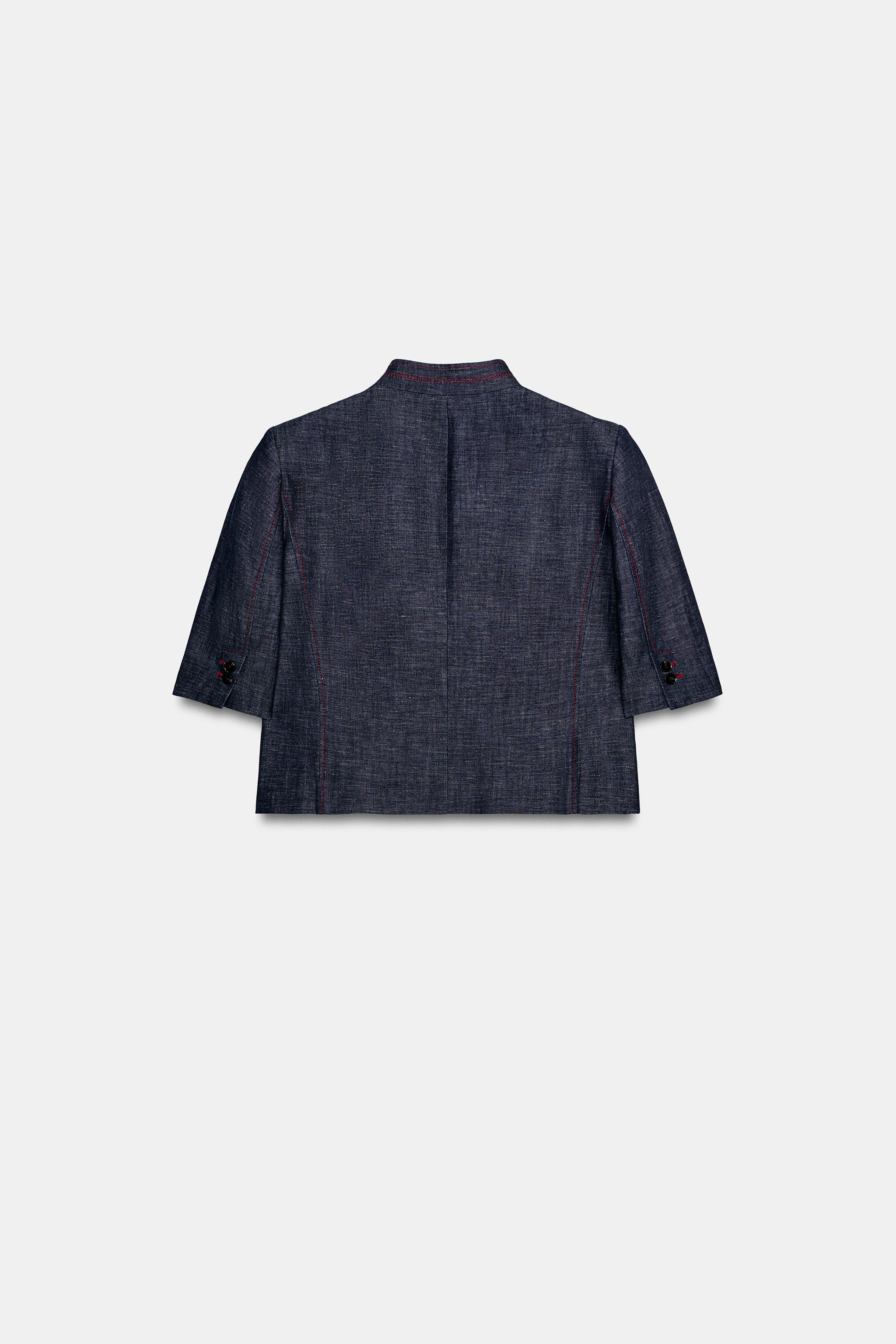 LINEN SHORT SLEEVE BLAZER WITH CONTRAST TOPSTITCHING