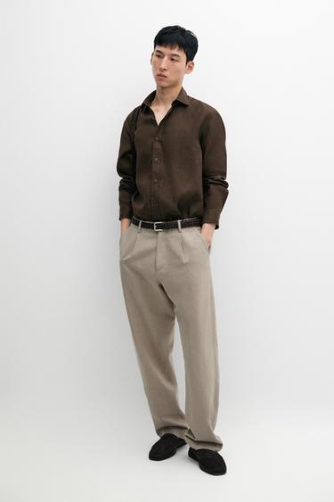 Zara Slim fit 100% linen shirt - Chocolate - Image 0