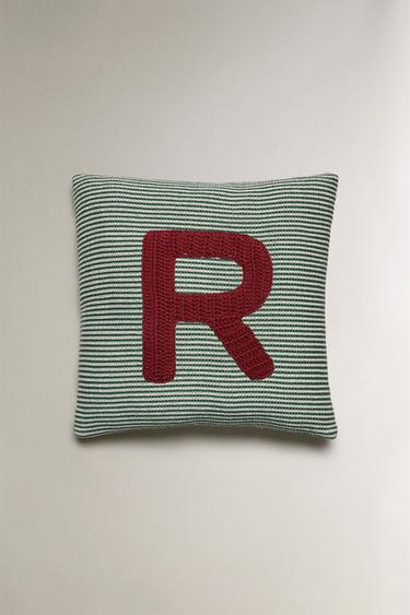 CHILDREN'S EMBROIDERED LETTER R CUSHION - Green by Zara