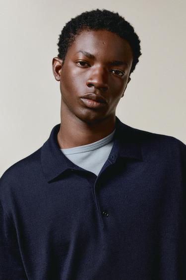 Pull polo en maille 100 % laine mérinos - Bleu marine de Zara