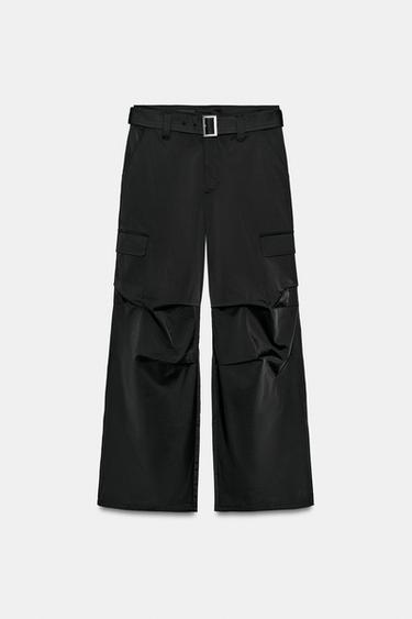 SATIN CARGO TROUSERS WITH BELT - Black by Zara