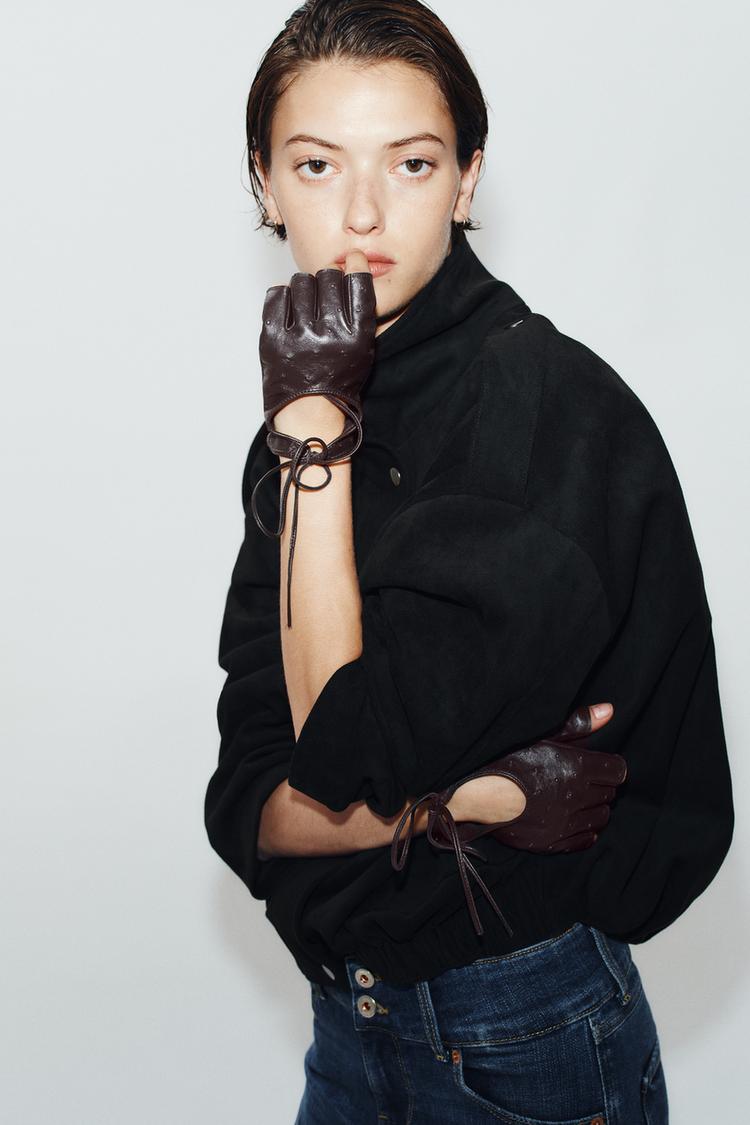 100% LEATHER TIE MITTENS — Brown