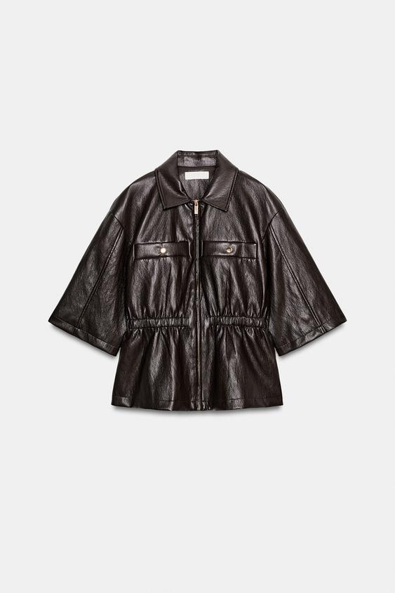 SHORT SLEEVE LEATHER EFFECT JACKET - Brown by Zara - Image 0