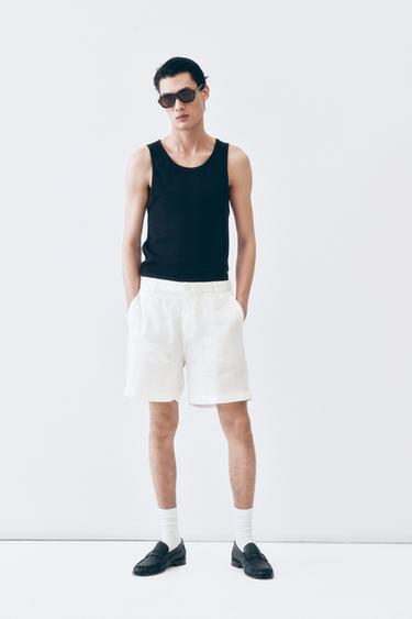 Zara 100% 亞麻標準版短褲 - 白色