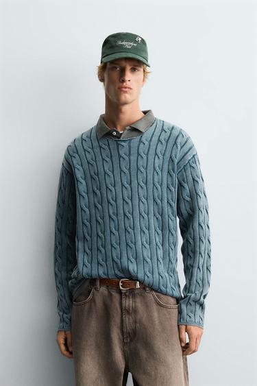 WASHED CABLE-KNIT SWEATER - Duck blue by Zara
