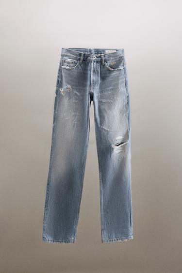 TRF MID-RISE RIPPED STRAIGHT-LEG JEANS - Light blue by Zara