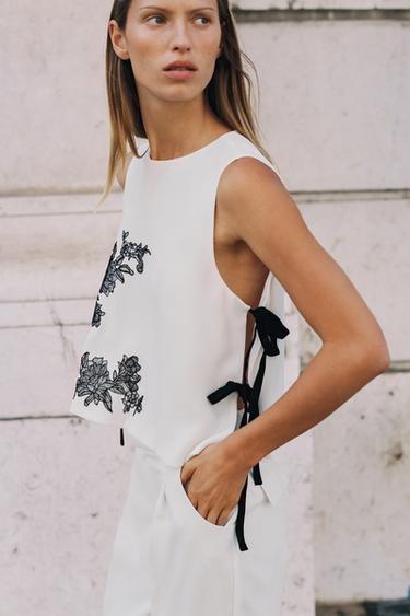 EMBROIDERED FLORAL TIE TOP - Ecru by Zara