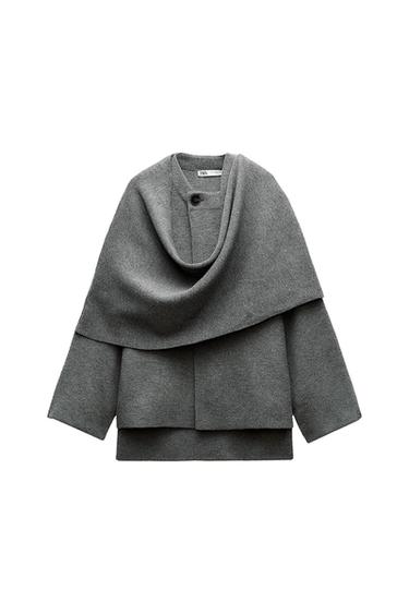 SHORT KNIT COAT WITH ASYMMETRIC SCARF