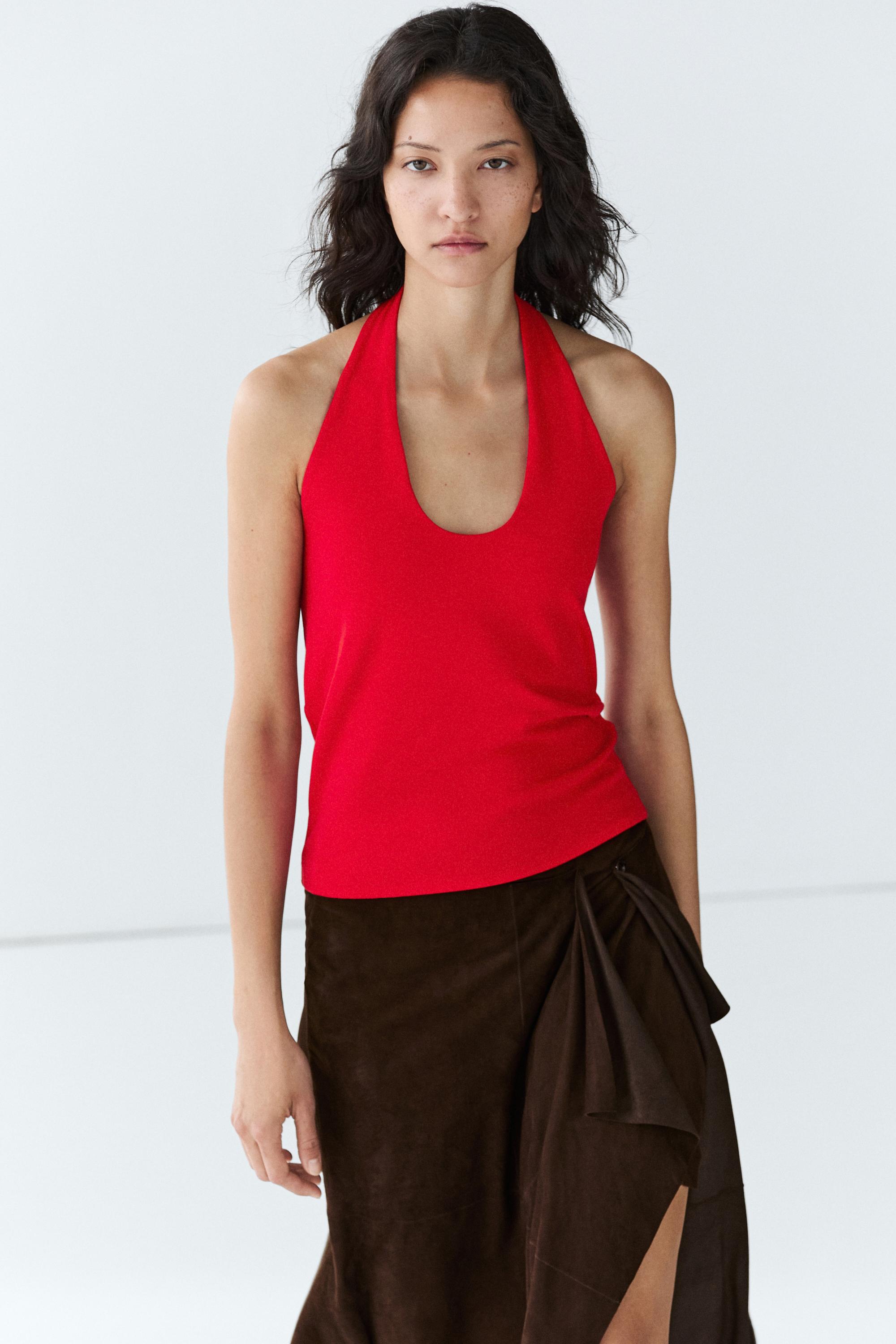 Cotton modal blend halter top — Red