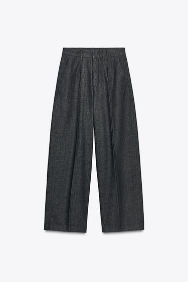 Zara ZW COLLECTION 打褶牛仔長褲 - 藍色
