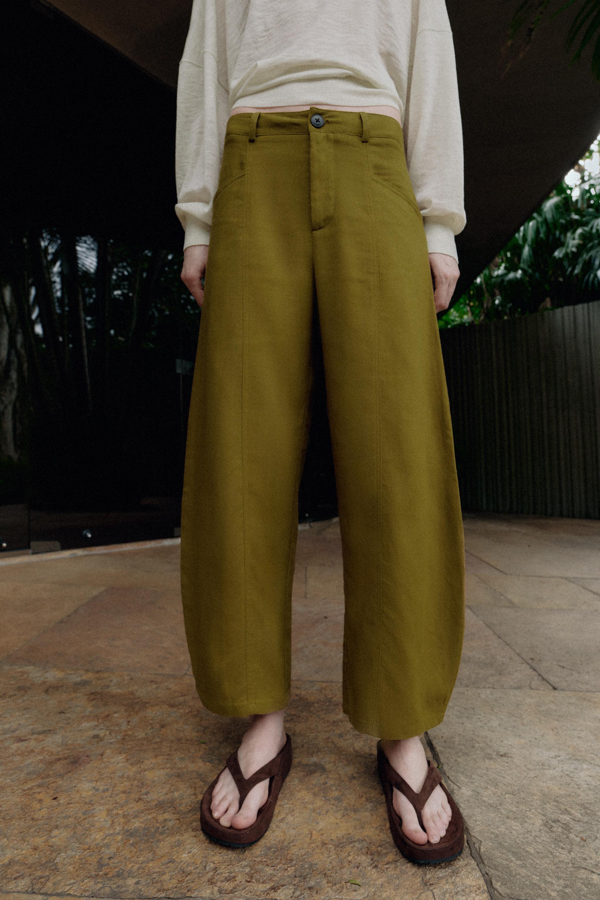 LINEN BLEND BALLOON TROUSERS — Olive green