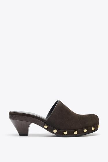 SPLIT SUEDE STUDDED KITTEN CLOGS - Brown by Zara