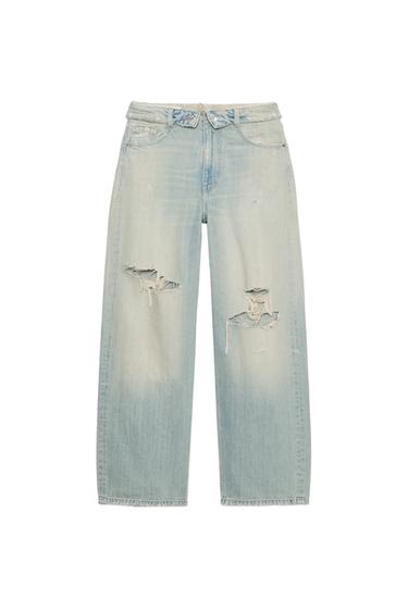 TRF MID-WAIST FOLDED WAISTBAND RIPPED JEANS - Light blue by Zara