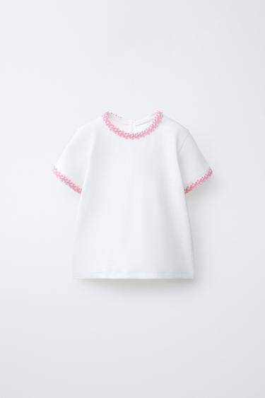Zaras BLOMMIG T-SHIRT - Rosa/vit