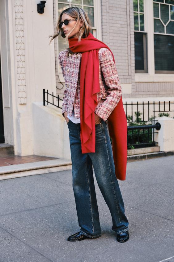 Zara STRUCTURED CROPPED BLAZER - Ecru / Red - Image 0