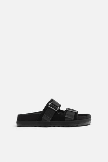 Zara DOUBLE STRAP LEATHER SANDALS - Black