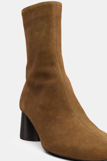 SPLIT SUEDE BLOCK HEEL ANKLE BOOTS - Sand Brown by Zara - Image 7