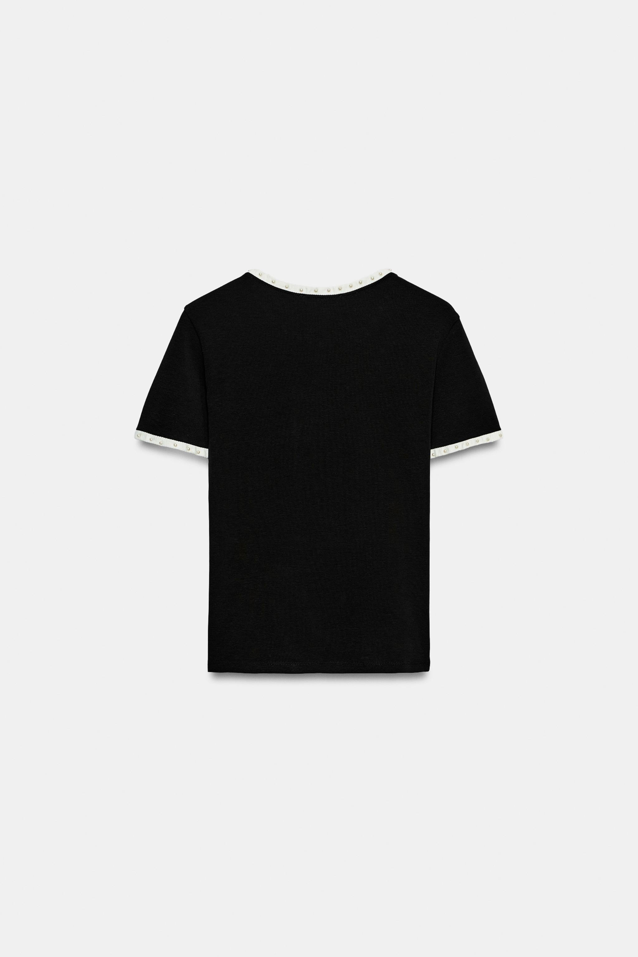 Женские футболки Zara CONTRAST PEARL T-SHIRT — фото 8