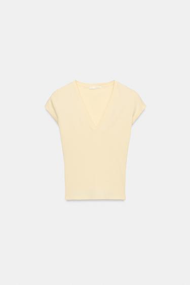 T-SHIRT COL EN V - Jaune de Zara - Image 5