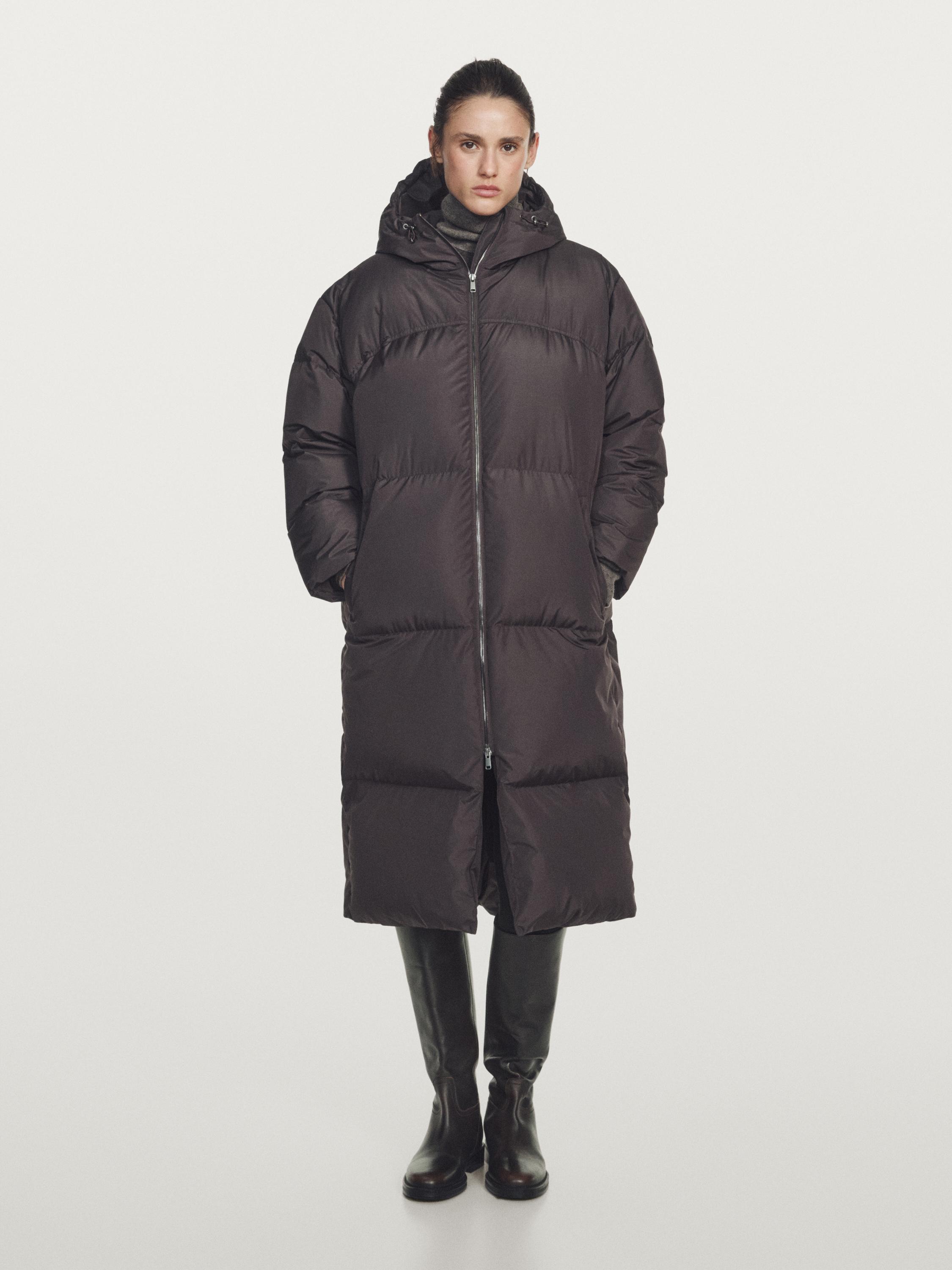 Long water-repellent hooded puffer jacket