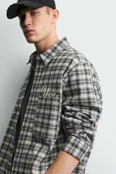 EMBROIDERED CHECK FLANNEL SHIRT - Black / White by Zara - Image 5