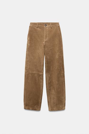 Zara 100% SUEDE LEATHER PANTS - taupe brown