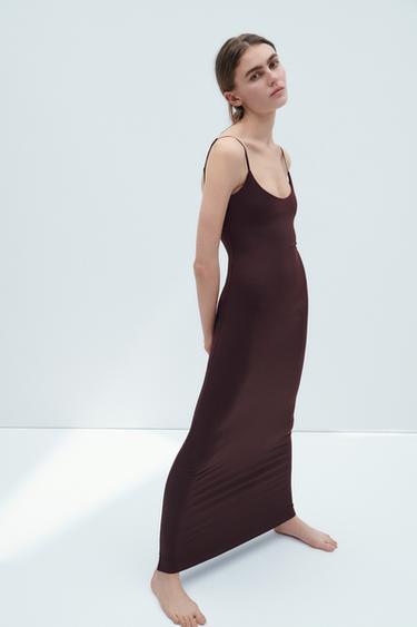 ROBE MIDI POLYAMIDE STRETCH BODYCON - Chocolat de Zara - Image 0