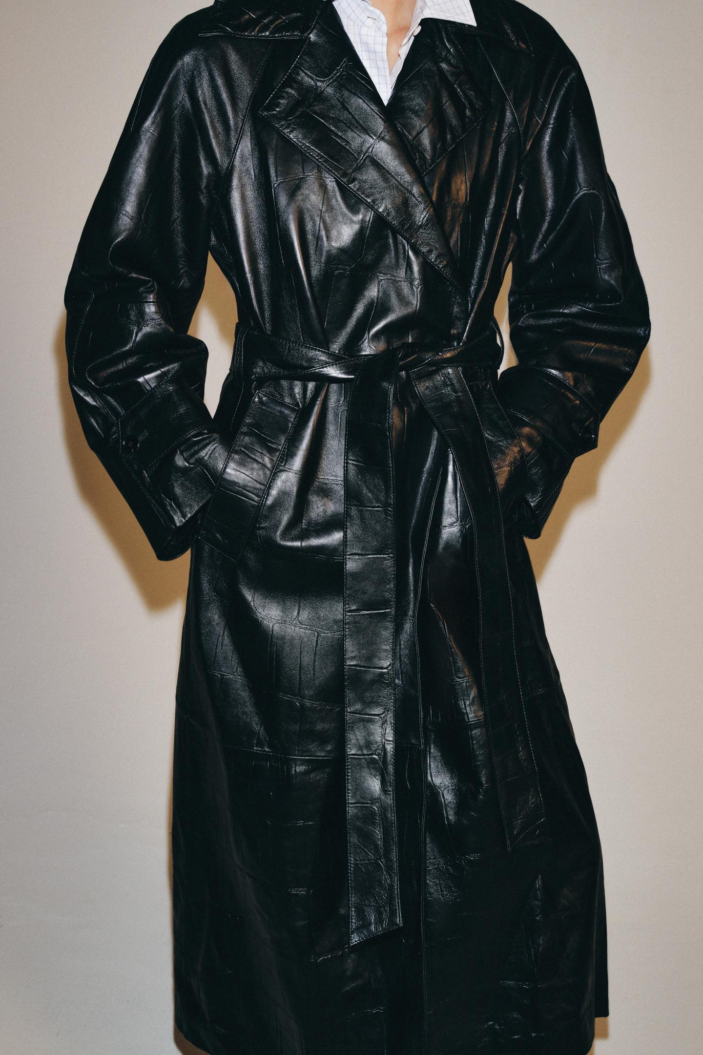 Женская куртка Zara 100% Leather Long Trench Coat ZW Collection, цвет: Чёрный — фото 2