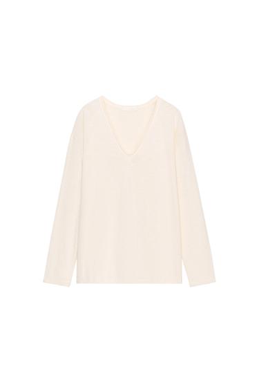 LONG SLEEVE RUSTIC T-SHIRT - Oyster-white by Zara