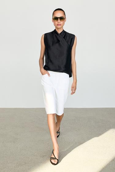 Zara Linen blend sleeveless crossover top - Navy blue - Image 0