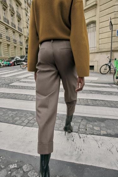 PANTALON AVEC REVERS ET CEINTURE - Marron chiné de Zara - Image 3