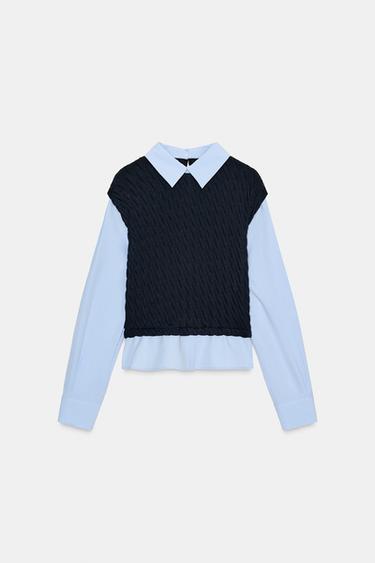 Zara COMBINATION POPLIN SHIRT - Navy blue