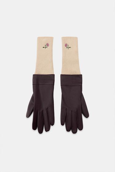 COMBINED LEATHER GLOVES WITH FLORAL EMBROIDERY - Burgundy by Zara