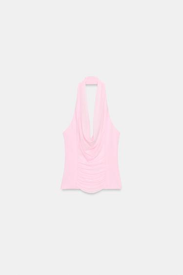 TOP HALTER BIMATIÈRE TULLE - Rose moyen de Zara